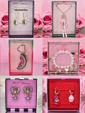 BUNDLE Betsey Johnson 3 Earrings, 1 Bracelet, 1 Bag Charm/Keychain, 1 Necklace